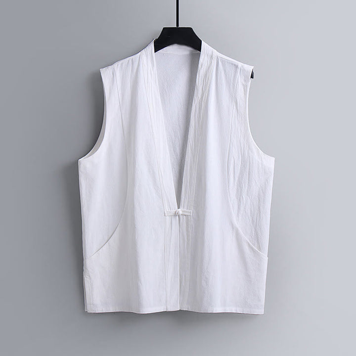 Buddha Stones Summer Solid Color V-Neck Frog-Button Sleeveless Men's Cotton Linen Vest - White - US/UK/AU54，EU64 (9XL) - image 11