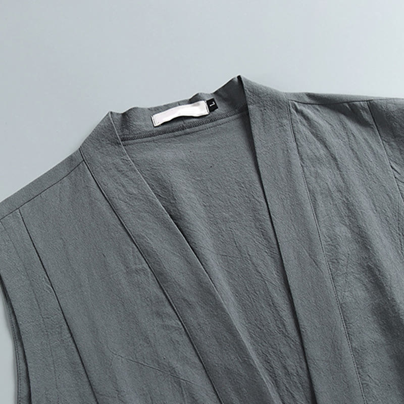Buddha Stones Summer Solid Color V-Neck Frog-Button Sleeveless Men's Cotton Linen Vest - image 3