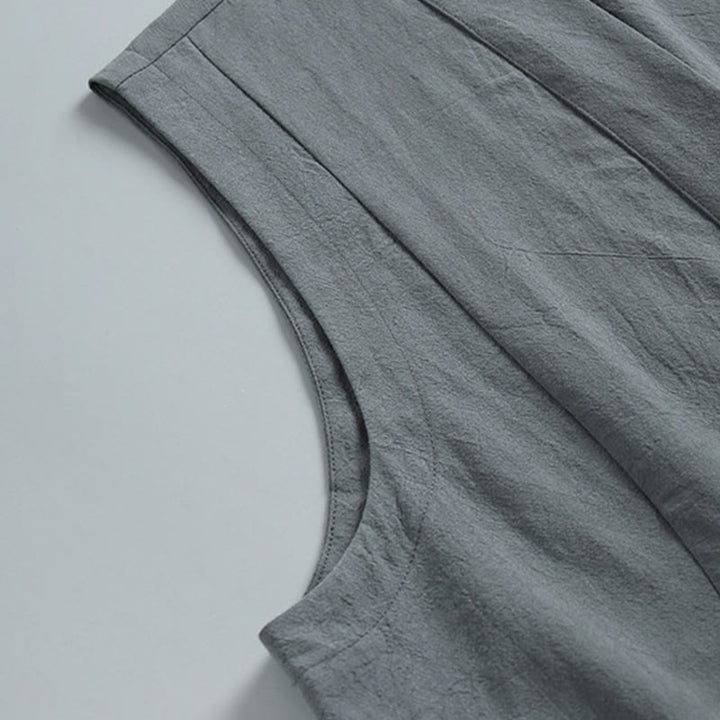 Buddha Stones Summer Solid Color V-Neck Frog-Button Sleeveless Men's Cotton Linen Vest - image 4