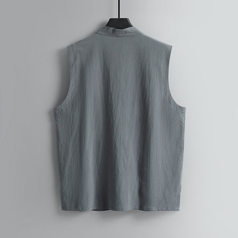 Buddha Stones Summer Solid Color V-Neck Frog-Button Sleeveless Men's Cotton Linen Vest - image 2