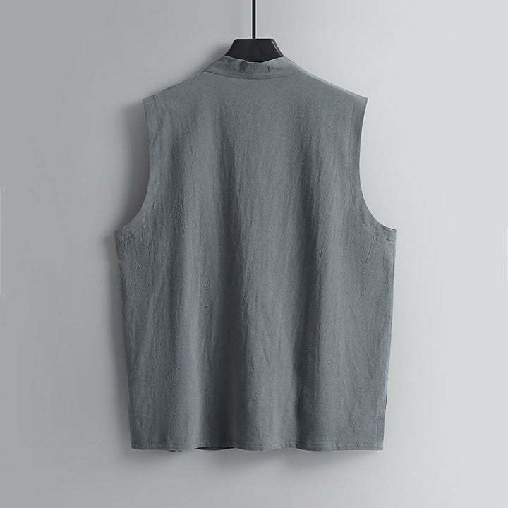 Buddha Stones Summer Solid Color V-Neck Frog-Button Sleeveless Men's Cotton Linen Vest - image 2