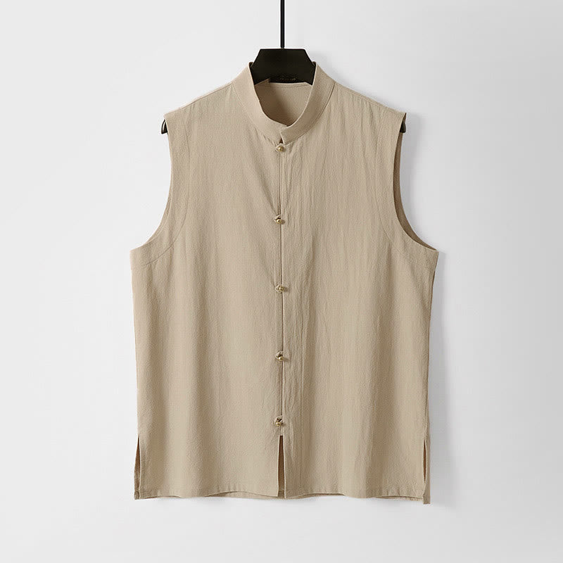 Buddha Stones Summer Solid Color Stand Collar Men's Cotton Linen Sleeveless Vest - Wheat - US/UK/AU54，EU64 (9XL) - image 6