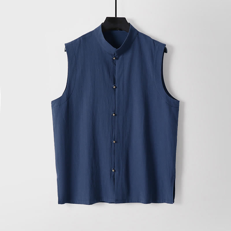 Buddha Stones Summer Solid Color Stand Collar Men's Cotton Linen Sleeveless Vest - Navy - US/UK/AU54，EU64 (9XL) - image 14