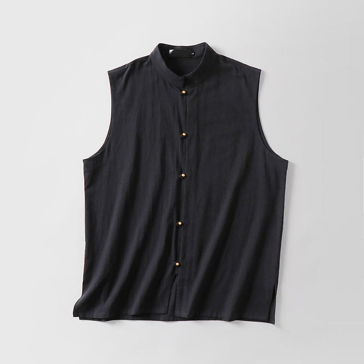 Buddha Stones Summer Solid Color Stand Collar Men's Cotton Linen Sleeveless Vest - image 5