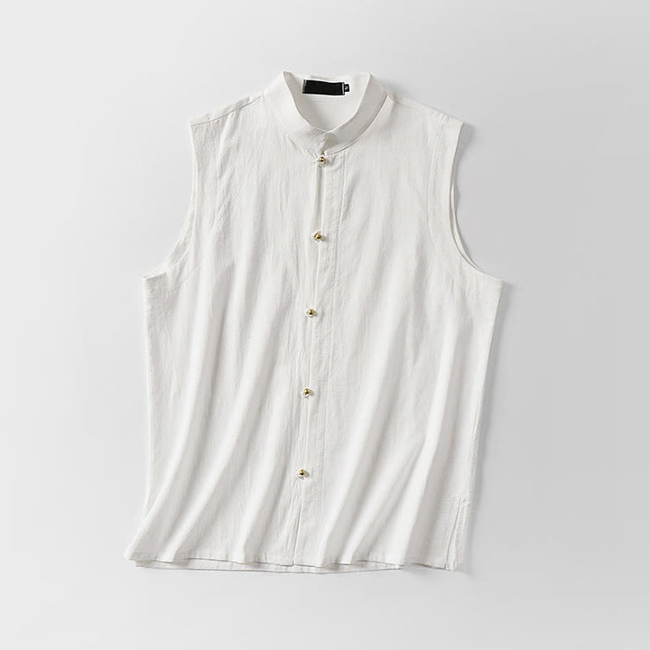 Buddha Stones Summer Solid Color Stand Collar Men's Cotton Linen Sleeveless Vest - image 3