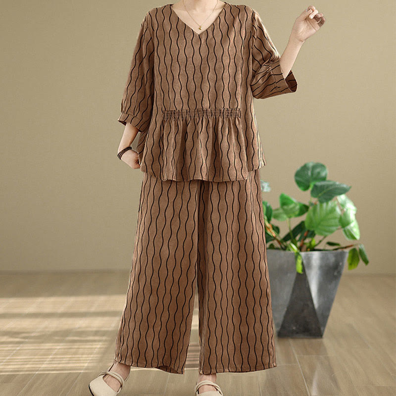 Buddha Stones 2pcs Striped Pattern Short Sleeve Shirt Polyester 7 Length Harem Pants Set With Pocket - Peru - US12，UK/AU16，EU44 (3XL) - image 0