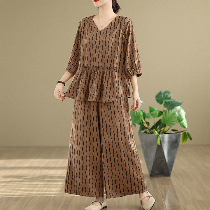 Buddha Stones 2pcs Striped Pattern Short Sleeve Shirt Polyester 7 Length Harem Pants Set With Pocket - image 1