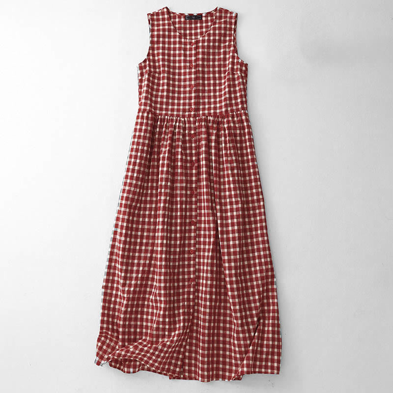 Buddha Stones Plaid Sleeveless Summer Midi Dress With Pockets - FireBrick - US12，UK/AU16，EU44 (2XL) - image 0