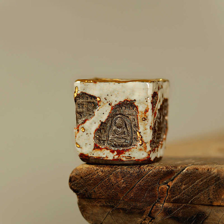 Buddha Stones Hand-painted Dunhuang Buddha Shino Ceramic Teacup Kung Fu Tea Cup - Square Cup 5.5cm*5.7cm*100ml - image 0