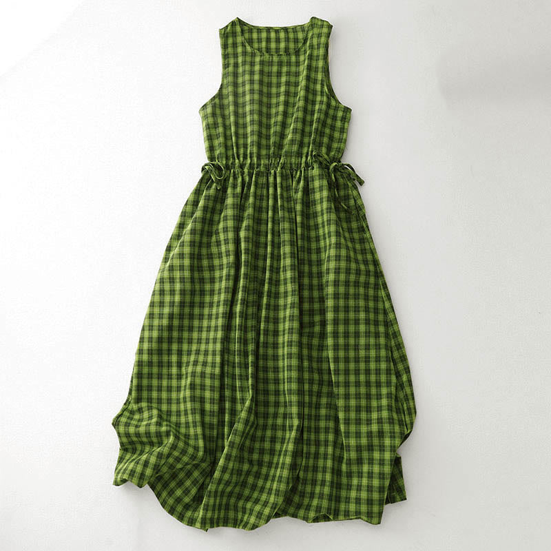 Buddha Stones Sleeveless Plaid Summer Midi Dress With Pockets - Green - US8-10，UK/AU12-14，EU40-42 (2XL) - image 0