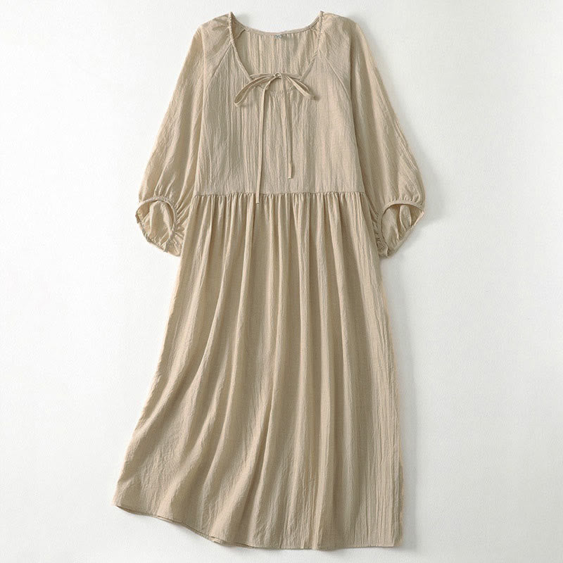 Buddha Stones Spring Solid Color Lace-up Crew Neck Design Three Quarter Sleeve Women's Midi Dress - Wheat - US12，UK/AU16，EU44 (2XL) - image 21