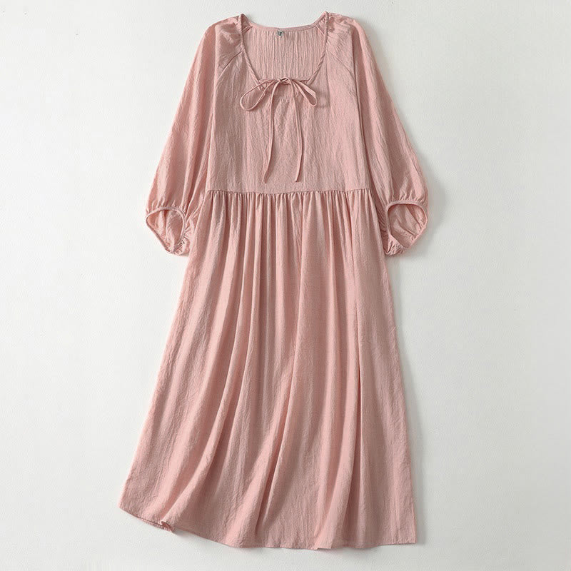 Buddha Stones Spring Solid Color Lace-up Crew Neck Design Three Quarter Sleeve Women's Midi Dress - LightPink - US12，UK/AU16，EU44 (2XL) - image 0