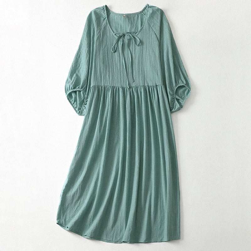 Buddha Stones Spring Solid Color Lace-up Crew Neck Design Three Quarter Sleeve Women's Midi Dress - MediumAquamarine - US12，UK/AU16，EU44 (2XL) - image 16