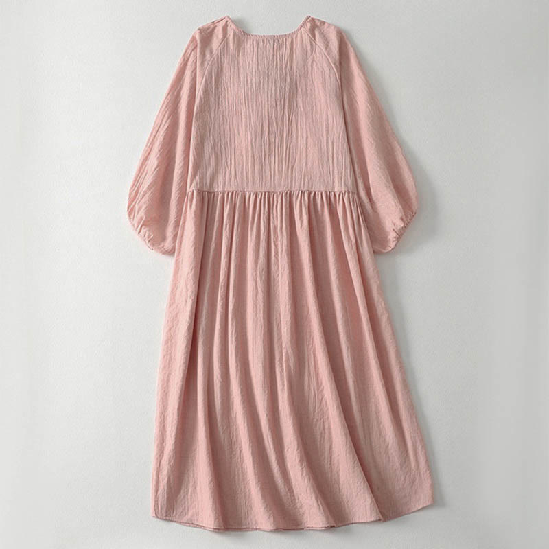 Buddha Stones Spring Solid Color Lace-up Crew Neck Design Three Quarter Sleeve Women's Midi Dress - image 3