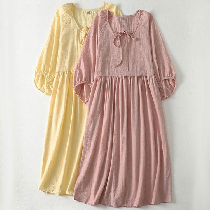 Buddha Stones Spring Solid Color Lace-up Crew Neck Design Three Quarter Sleeve Women's Midi Dress - image 2