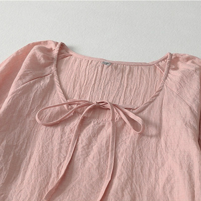 Buddha Stones Spring Solid Color Lace-up Crew Neck Design Three Quarter Sleeve Women's Midi Dress - image 4