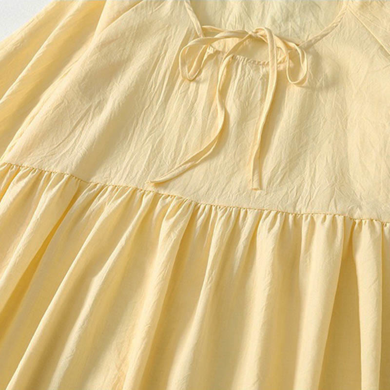 Buddha Stones Spring Solid Color Lace-up Crew Neck Design Three Quarter Sleeve Women's Midi Dress - image 13