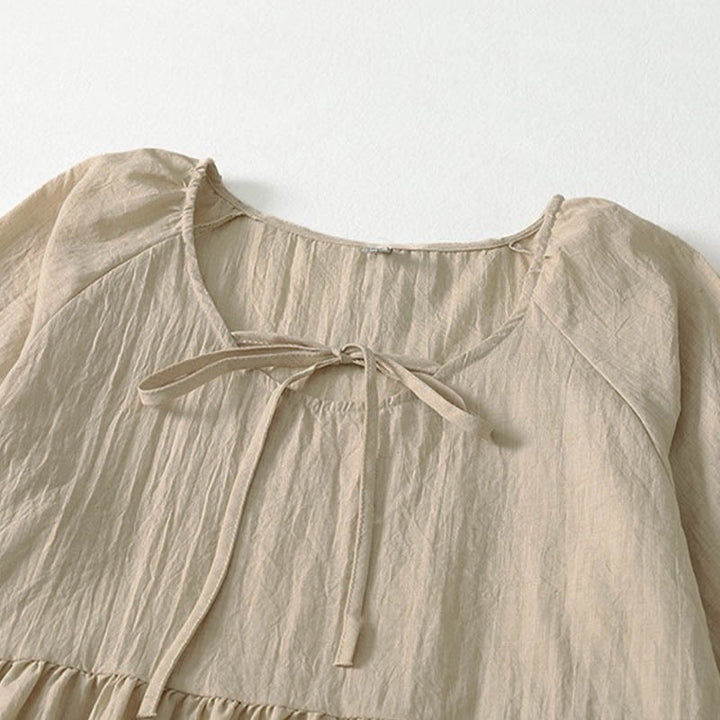 Buddha Stones Spring Solid Color Lace-up Crew Neck Design Three Quarter Sleeve Women's Midi Dress - image 22