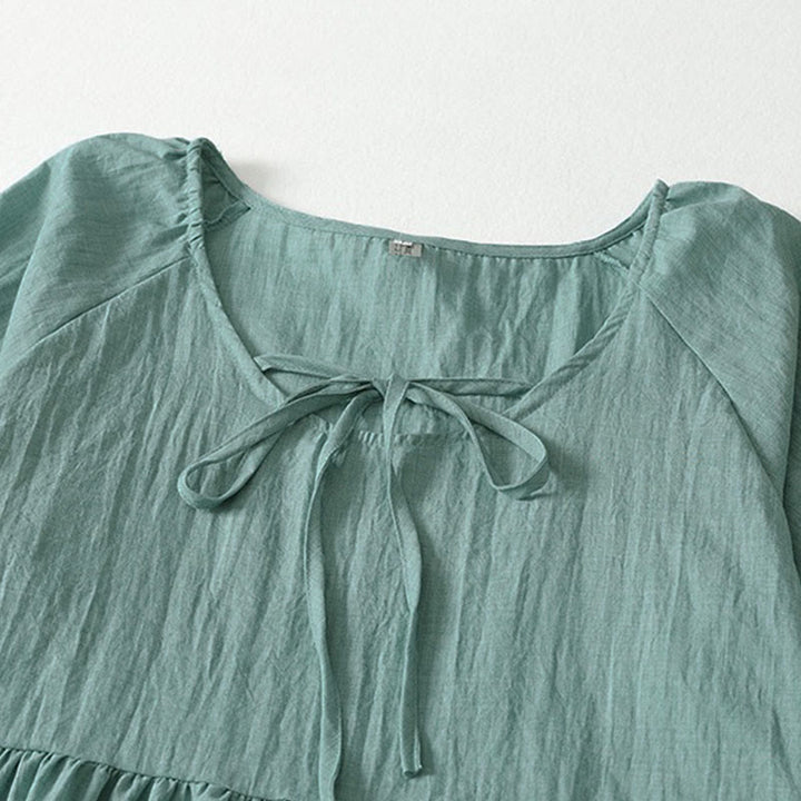 Buddha Stones Spring Solid Color Lace-up Crew Neck Design Three Quarter Sleeve Women's Midi Dress - image 17