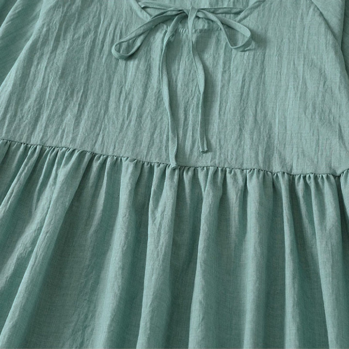 Buddha Stones Spring Solid Color Lace-up Crew Neck Design Three Quarter Sleeve Women's Midi Dress - image 18