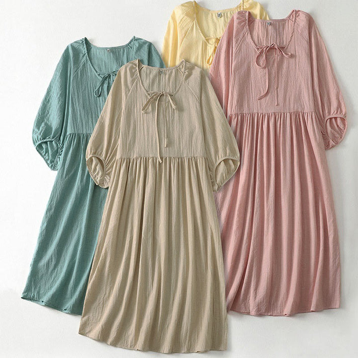 Buddha Stones Spring Solid Color Lace-up Crew Neck Design Three Quarter Sleeve Women's Midi Dress - image 1