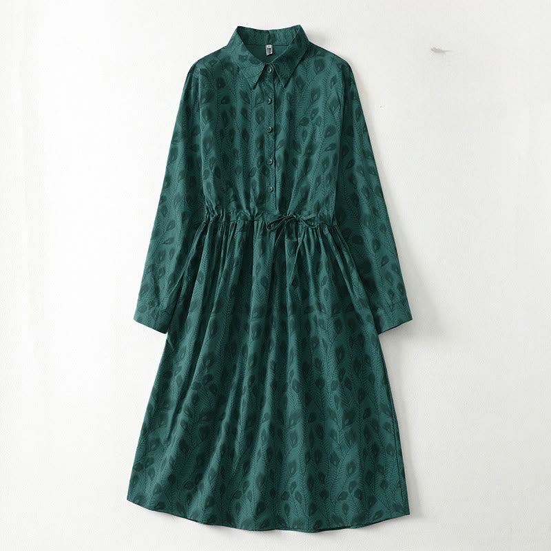 Buddha Stones Spring Grass Vines Print Buttons Design Long Sleeve Midi Dress With Pockets - Teal - US12，UK/AU16，EU44 (2XL) - image 0