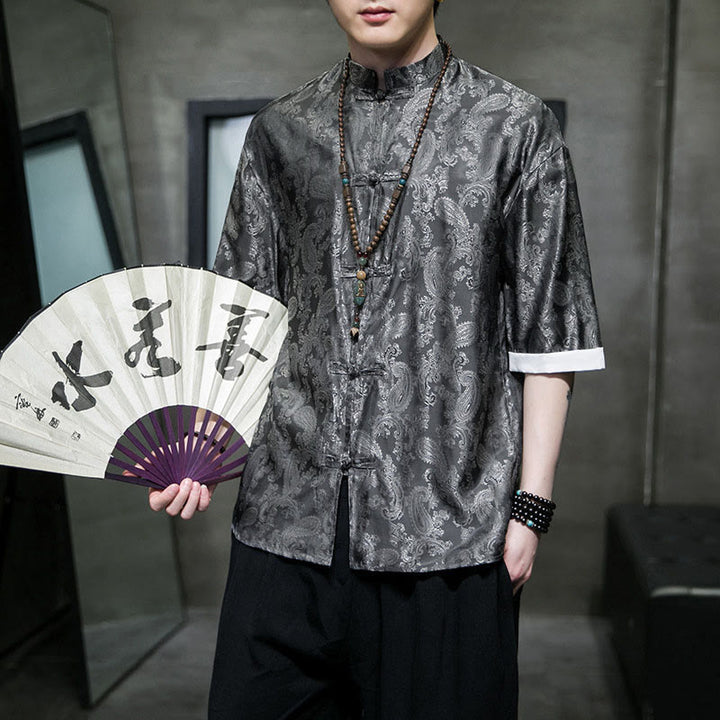 Buddha Stones Summer Cashew Flowers Pattern Men's Frog-Button Half Sleeve Shirts - Gray - US/UK/AU46，EU56 (5XL) - image 0