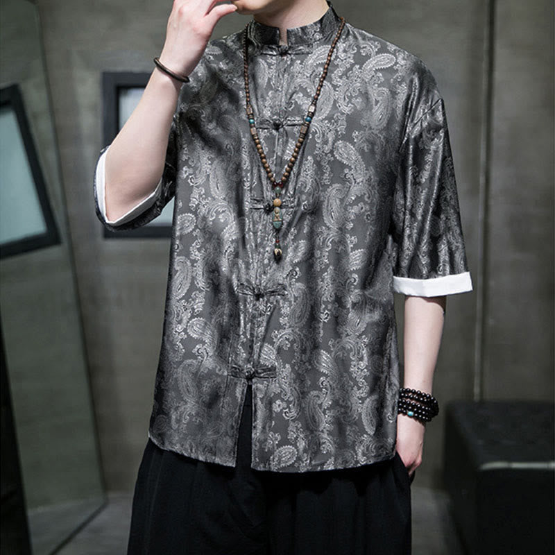 Buddha Stones Summer Cashew Flowers Pattern Men's Frog-Button Half Sleeve Shirts - image 7