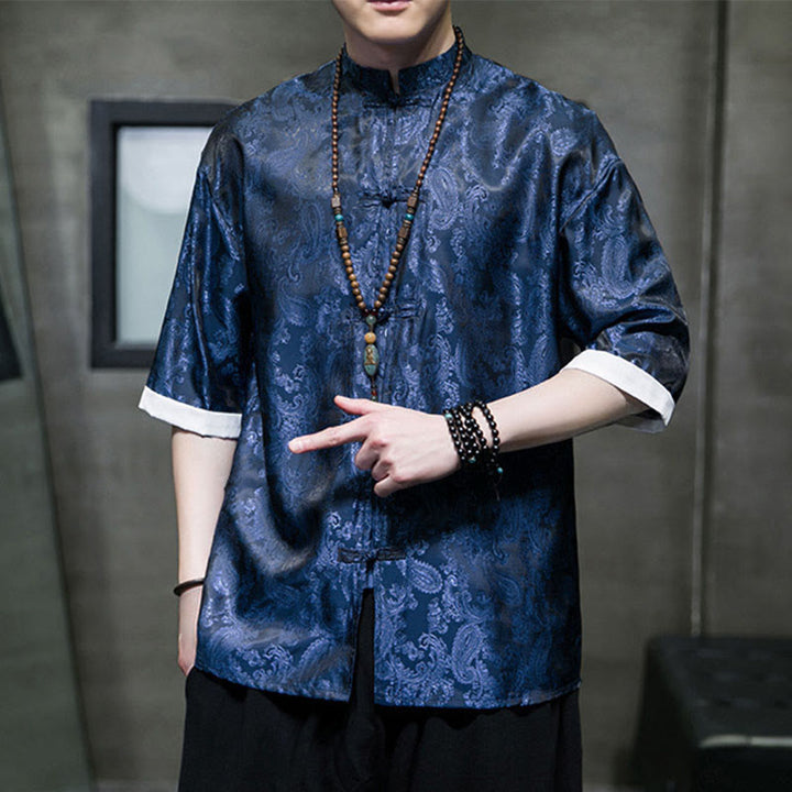 Buddha Stones Summer Cashew Flowers Pattern Men's Frog-Button Half Sleeve Shirts - image 35