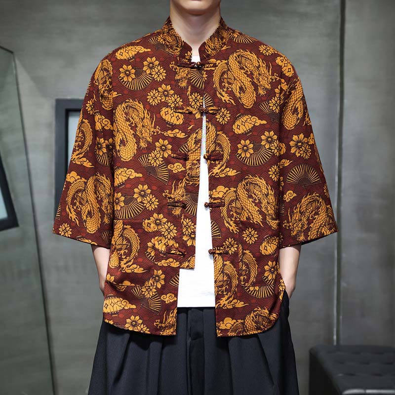 Buddha Stones Spring Frog-Button Dragon Mountain Flower Three Quarter Sleeve Tang Suit Men's Shirt With Pockets - Peru - US/UK/AU44，EU54 (5XL) - image 0