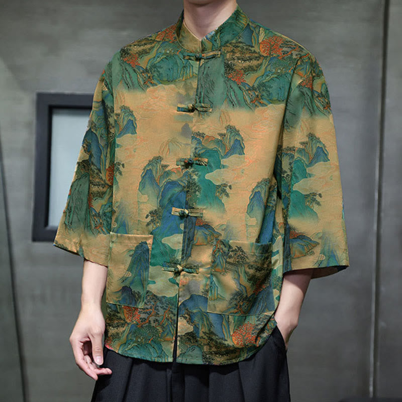 Buddha Stones Spring Frog-Button Dragon Mountain Flower Three Quarter Sleeve Tang Suit Men's Shirt With Pockets - image 39