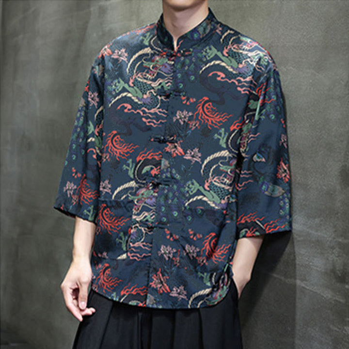 Buddha Stones Spring Frog-Button Dragon Mountain Flower Three Quarter Sleeve Tang Suit Men's Shirt With Pockets - image 22
