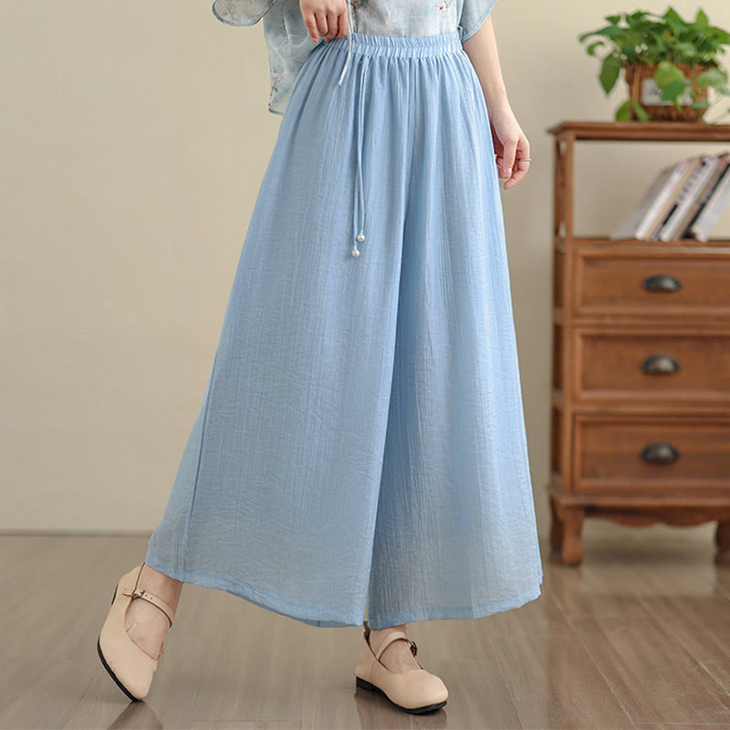 Buddha Stones Solid Color Elastic Waist Design Capri Cropped Women's Wide Leg Pants - LightBlue - US12，UK/AU16，EU44 (3XL) - image 12