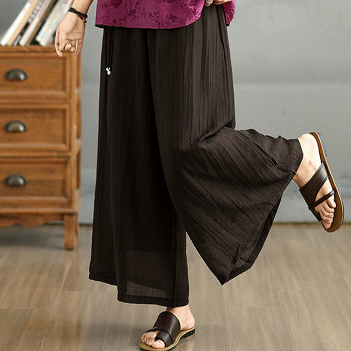 Buddha Stones Solid Color Elastic Waist Design Capri Cropped Women's Wide Leg Pants - image 9