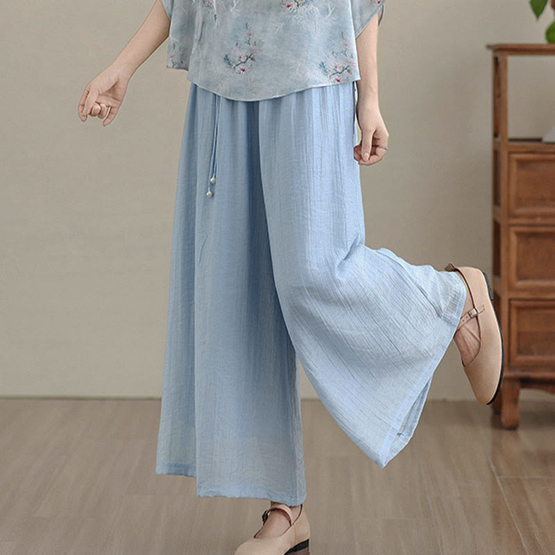 Buddha Stones Solid Color Elastic Waist Design Capri Cropped Women's Wide Leg Pants - image 17