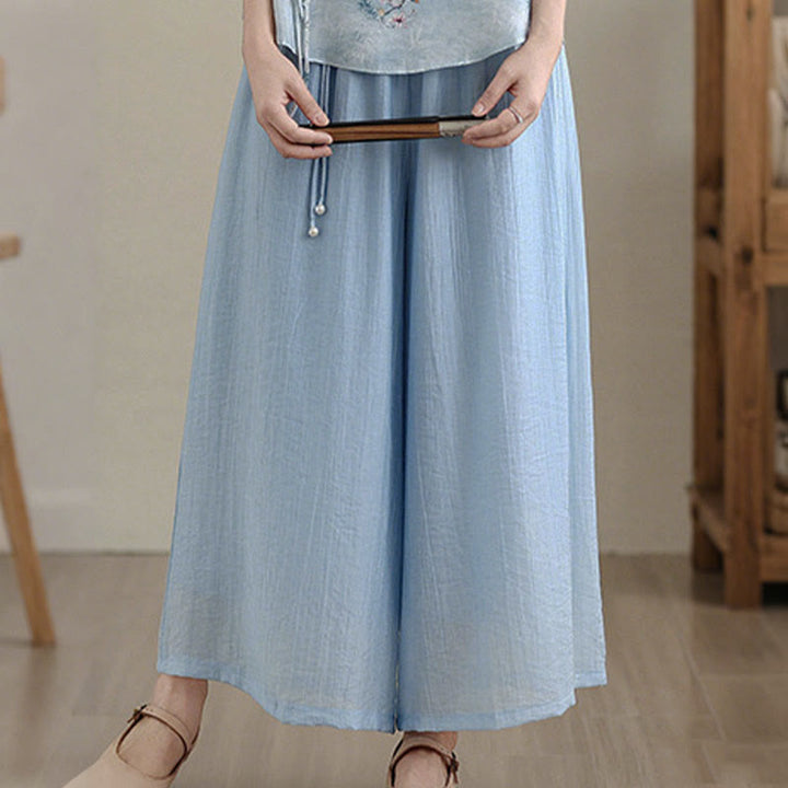 Buddha Stones Solid Color Elastic Waist Design Capri Cropped Women's Wide Leg Pants - image 14