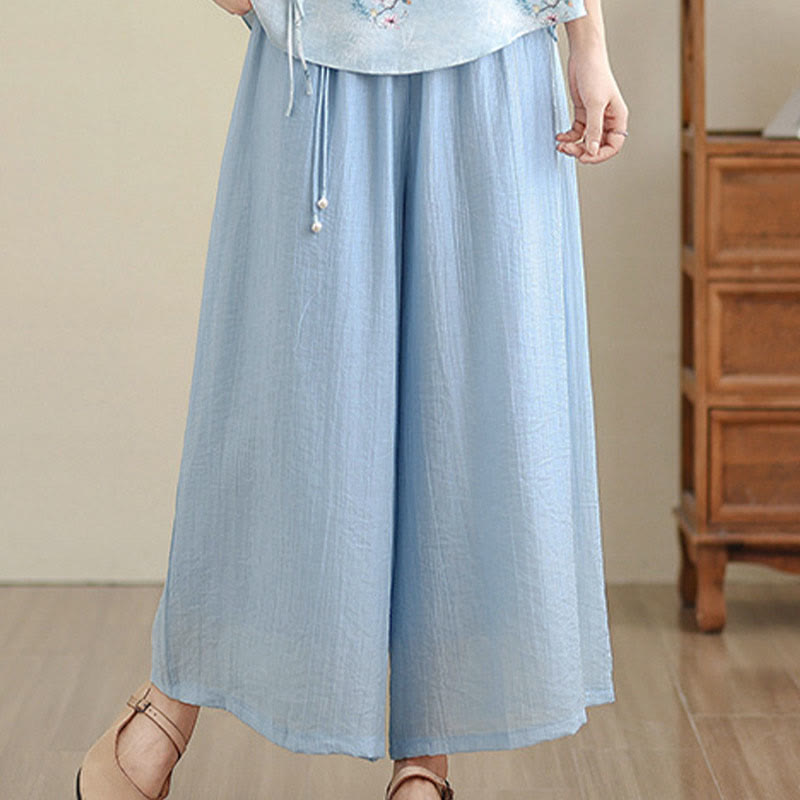 Buddha Stones Solid Color Elastic Waist Design Capri Cropped Women's Wide Leg Pants - image 16