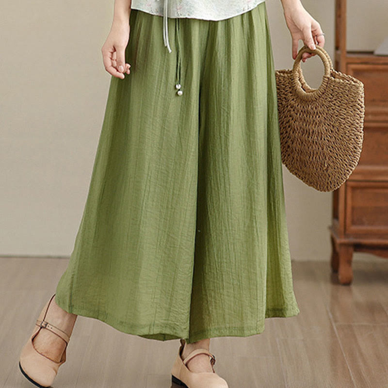 Buddha Stones Solid Color Elastic Waist Design Capri Cropped Women's Wide Leg Pants - image 4