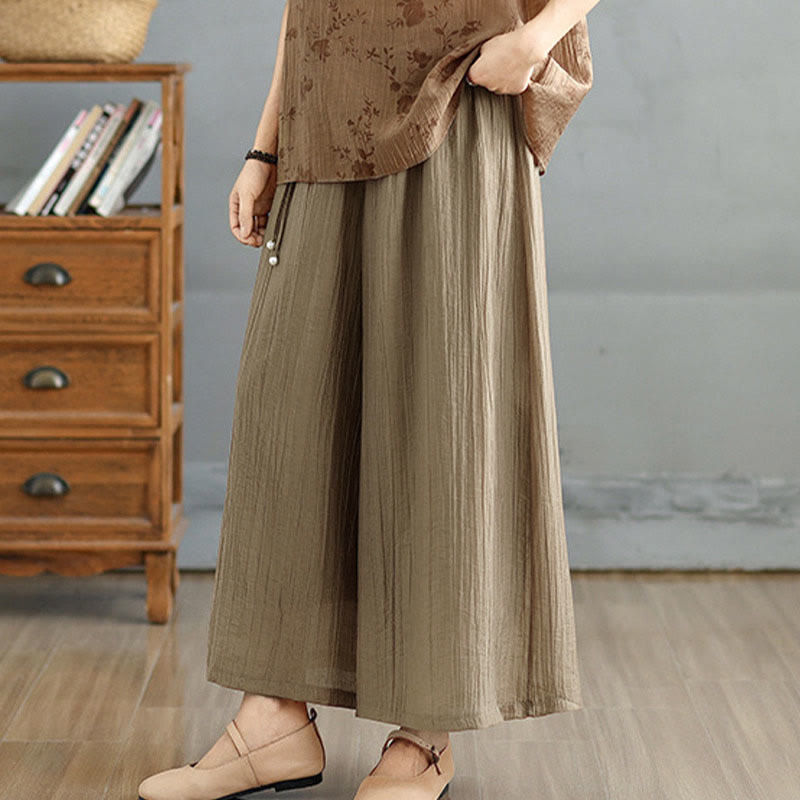 Buddha Stones Solid Color Elastic Waist Design Capri Cropped Women's Wide Leg Pants - image 32