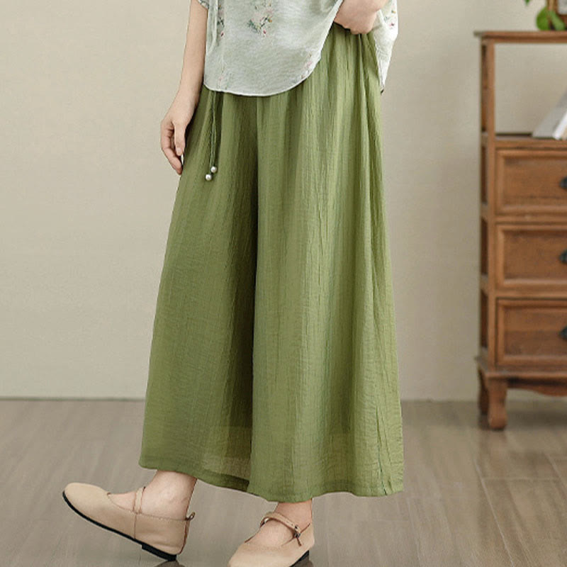 Buddha Stones Solid Color Elastic Waist Design Capri Cropped Women's Wide Leg Pants - image 2