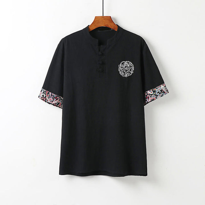 Buddha Stones Summer Frog-Button Auspicious Clouds Embroidery Design Short Sleeve Cotton Linen Men's Shirt - Black - US/UK/AU54，EU64 (9XL) - image 10