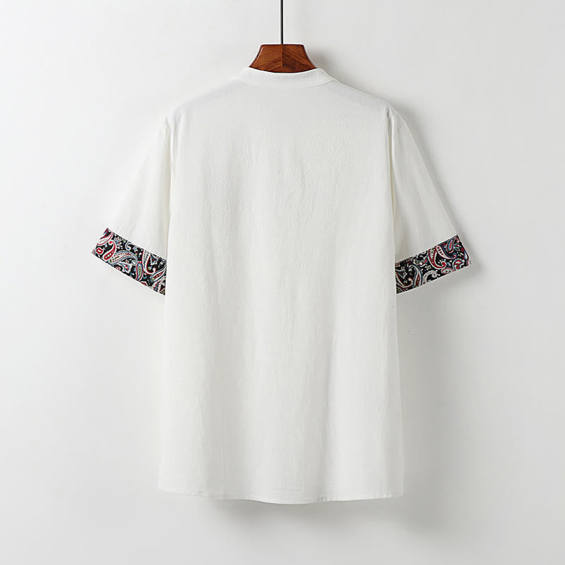 Buddha Stones Summer Frog-Button Auspicious Clouds Embroidery Design Short Sleeve Cotton Linen Men's Shirt - image 1