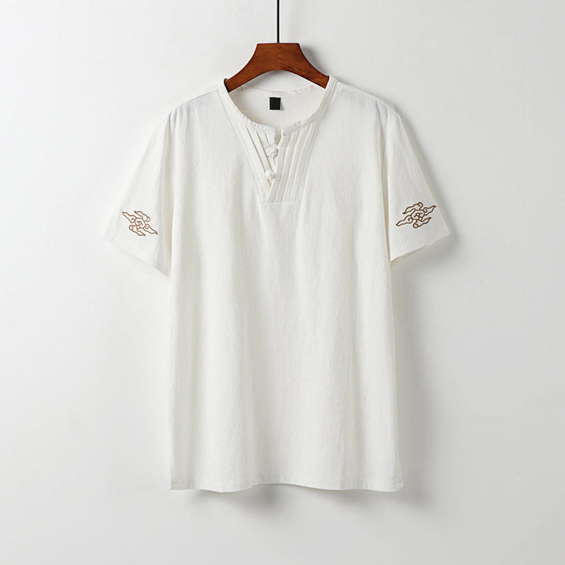 Buddha Stones Summer V-Neck Frog-Button Short Sleeve Clouds Embroidery Cotton Linen Men's Shirt - White - US/UK/AU54，EU64 (9XL) - image 1