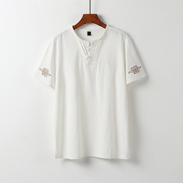 Buddha Stones Summer V-Neck Frog-Button Short Sleeve Clouds Embroidery Cotton Linen Men's Shirt - White - US/UK/AU54，EU64 (9XL) - image 1
