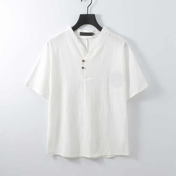 Buddha Stones Summer V-Neck Button Short Sleeve Clouds Embroidery Cotton Linen Men's Shirt - White - US/UK/AU56，EU66 (9XL) - image 4