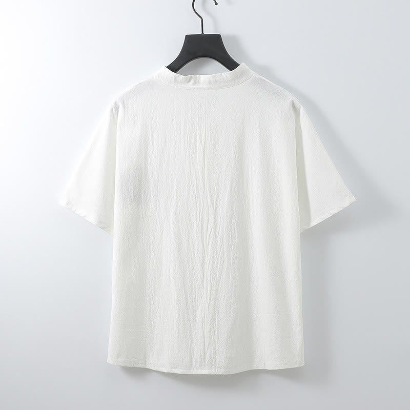 Buddha Stones Summer V-Neck Button Short Sleeve Clouds Embroidery Cotton Linen Men's Shirt - image 5