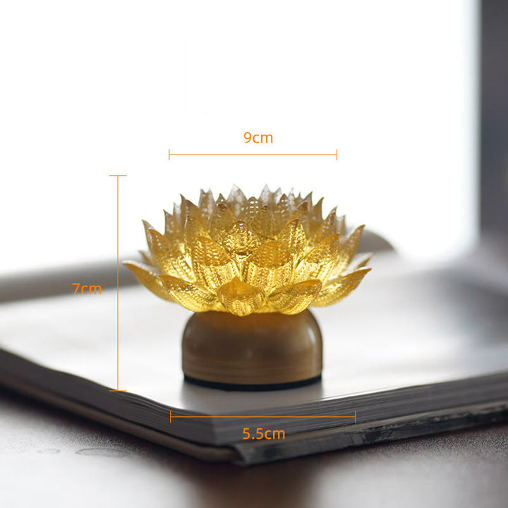 Buddha Stones Lotus Liuli Glass Copper Brass New Beginning Home Decoration - Golden Lotus Copper Brass Base(9*7*5.5 cm) - Rechargeable - image 22