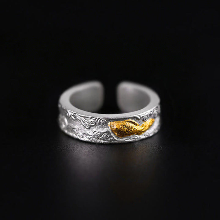 Buddha Stones 999 Sterling Silver 999 Gold Koi Fish Auspicious Clouds Luck Ring - image 2