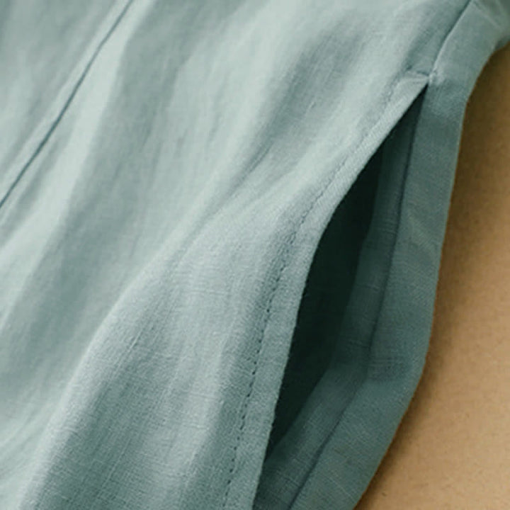 Buddha Stones Summer Hollow Lace Design Lapel Sleeveless Cotton Midi Dress With Pockets - image 15