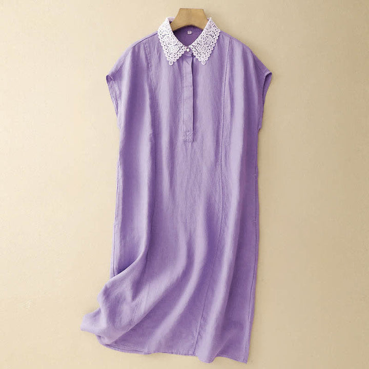 Buddha Stones Summer Hollow Lace Design Lapel Sleeveless Cotton Midi Dress With Pockets - MediumOrchid - US14，UK/AU18，EU46 (2XL) - image 3